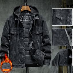 image-Men's Denim Jacket Hooded Blue 5XL Winter