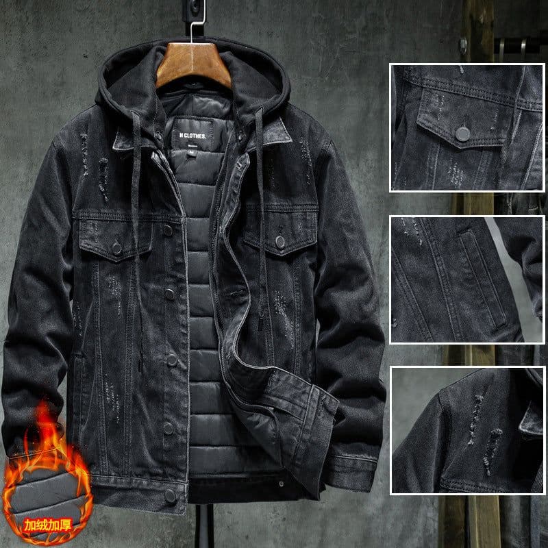 image-Men's Denim Jacket Hooded Blue 5XL Winter