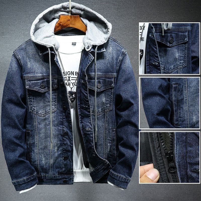 image-Men's Denim Jacket Hooded Blue 5XL Winter