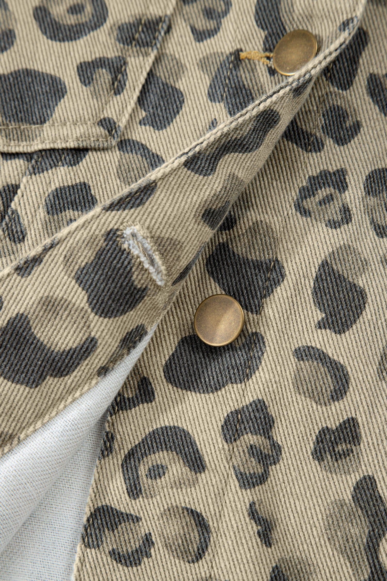 image-Khaki Retro Leopard Print Seam Detail Button Down Denim Jacket