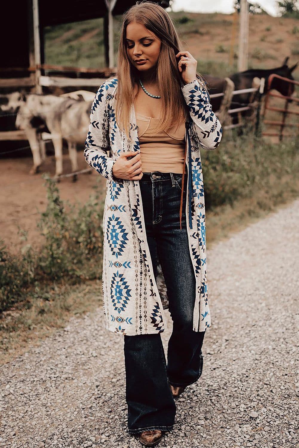 image-Sky Blue Western Aztec Cardigan - Open Front Long