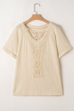 image-Plus Size Beige Crochet Lace Patched Cuffed Sleeve Top - Textured Cable Knit (65 characters)