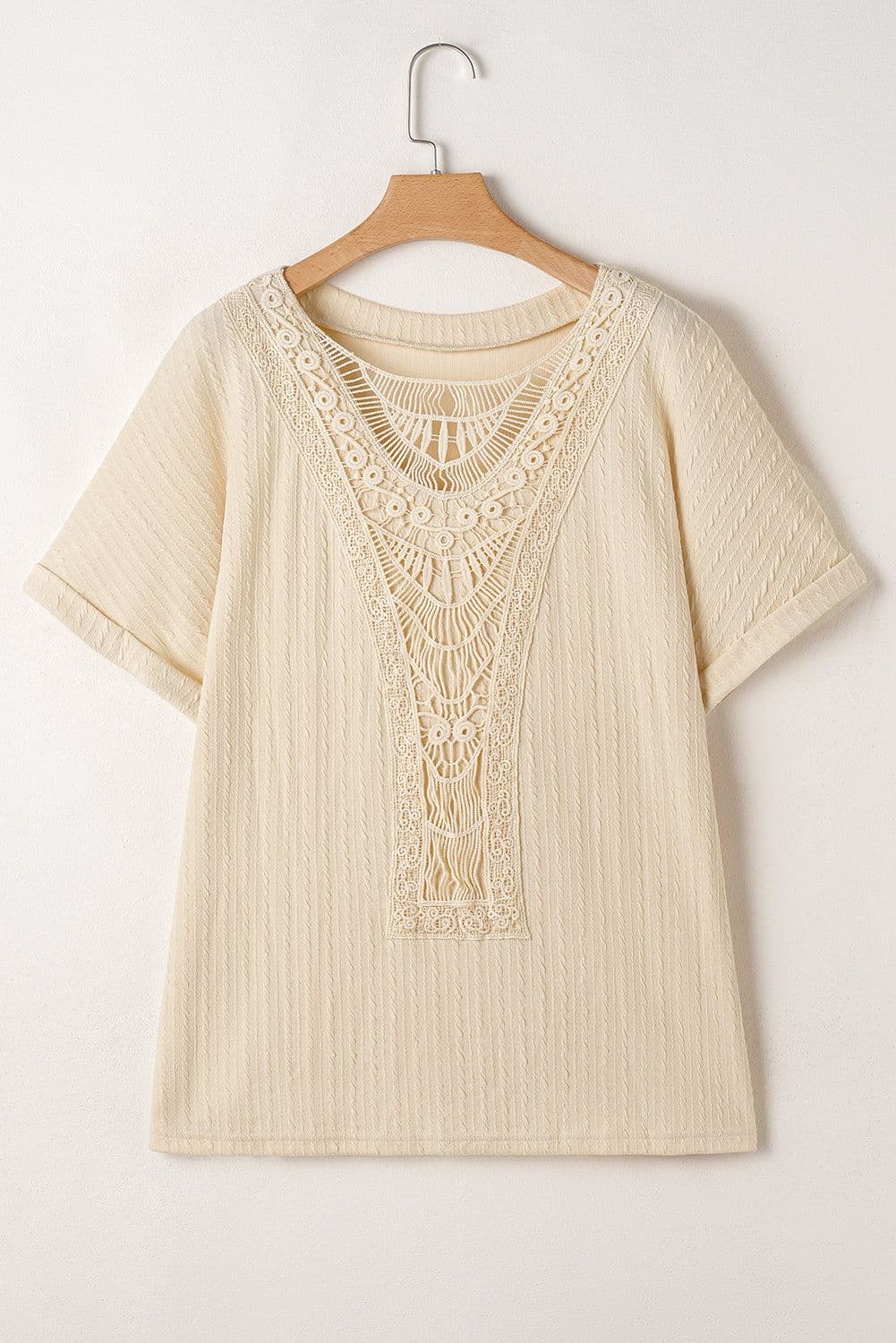 image-Plus Size Beige Crochet Lace Patched Cuffed Sleeve Top - Textured Cable Knit (65 characters)