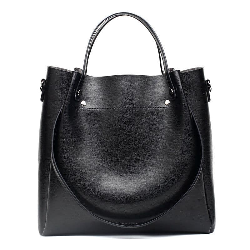 image-Oil Leather Bucket Bag - Brown PU Shoulder Bag