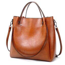 image-Oil Leather Bucket Bag - Brown PU Shoulder Bag