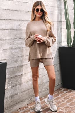 image-Dark Khaki Ribbed Balloon Sleeve Pullover Top and Biker Knitted Short Set
