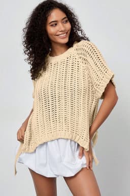 image-Pink Plus Size Open Knit Bow Tie Short Sleeve Sweater
