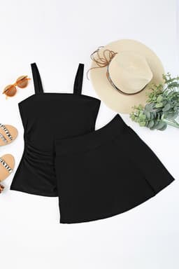 image-Black Solid Square Neck Sleeveless Tankini Swimsuit