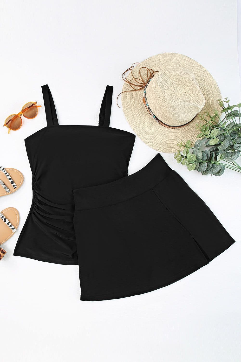 image-Black Solid Square Neck Sleeveless Tankini Swimsuit