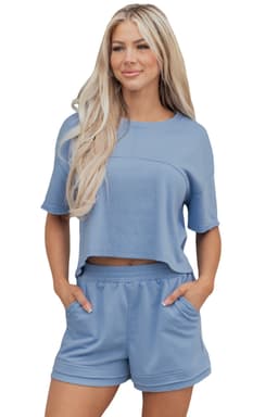 image-Jet Stream Solid Color Contrast Textured Patchwork Raw Edge 2pcs Short Set
