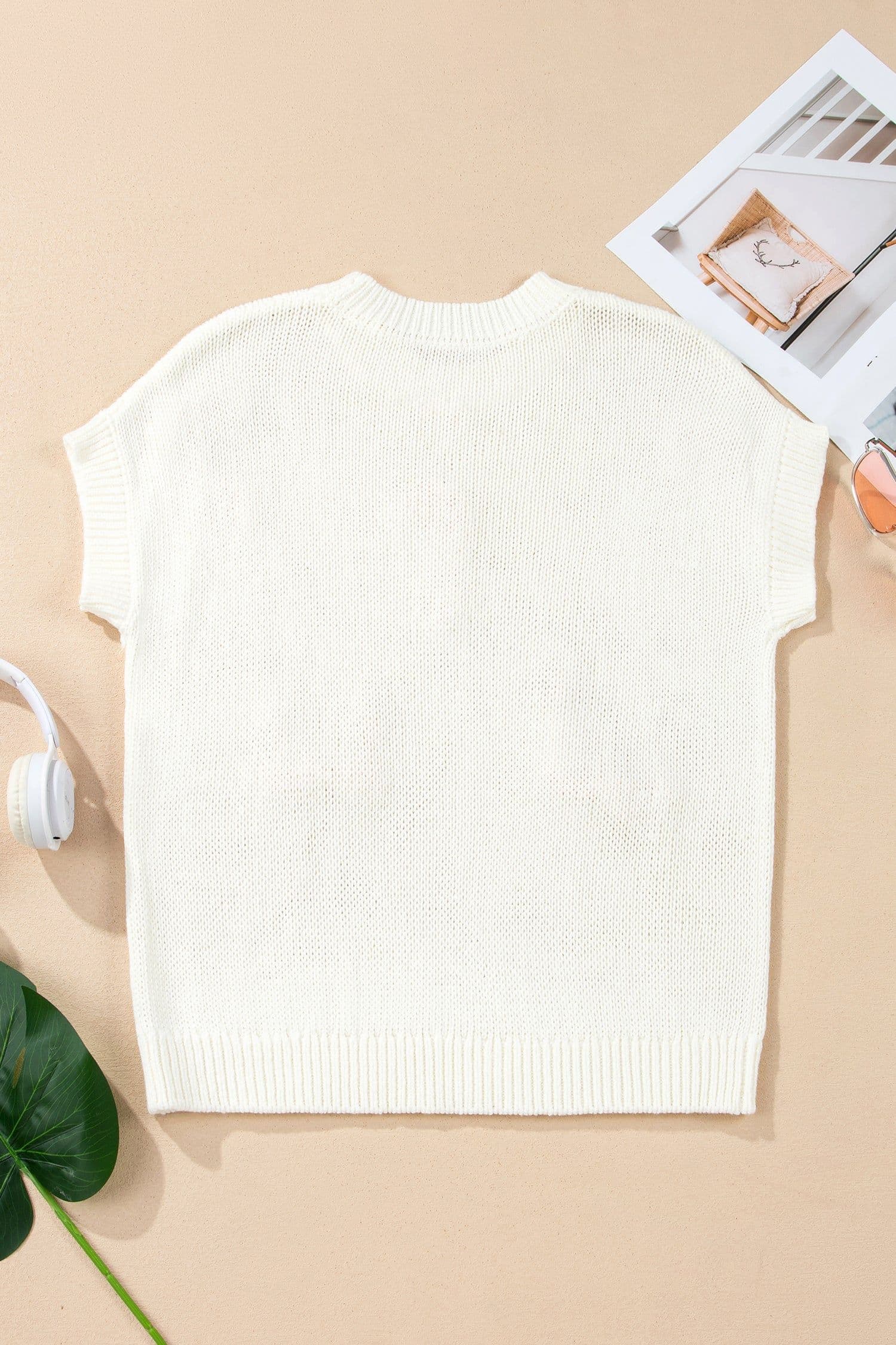 image-White Short Sleeve Knit Contrast Bow Knot Loose Sweater
