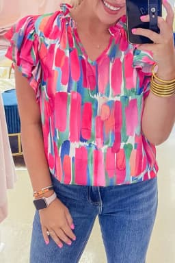 image-Rose Abstract Brush Print Ruffled Sleeve V Neck Blouse