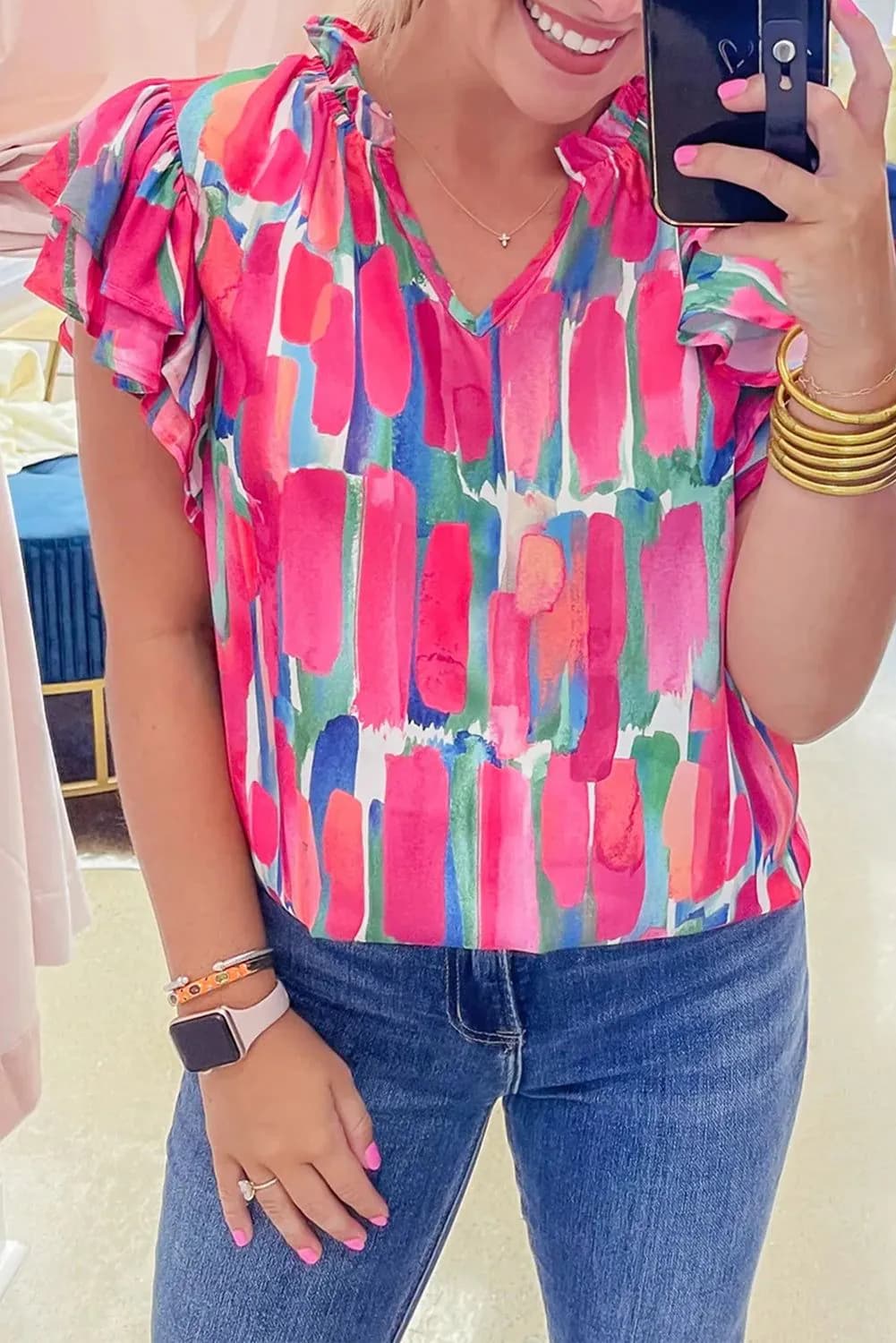 image-Rose Abstract Brush Print Ruffled Sleeve V Neck Blouse