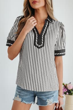 image-Green Stripe Collared Split Neck Bubble Sleeve Blouse