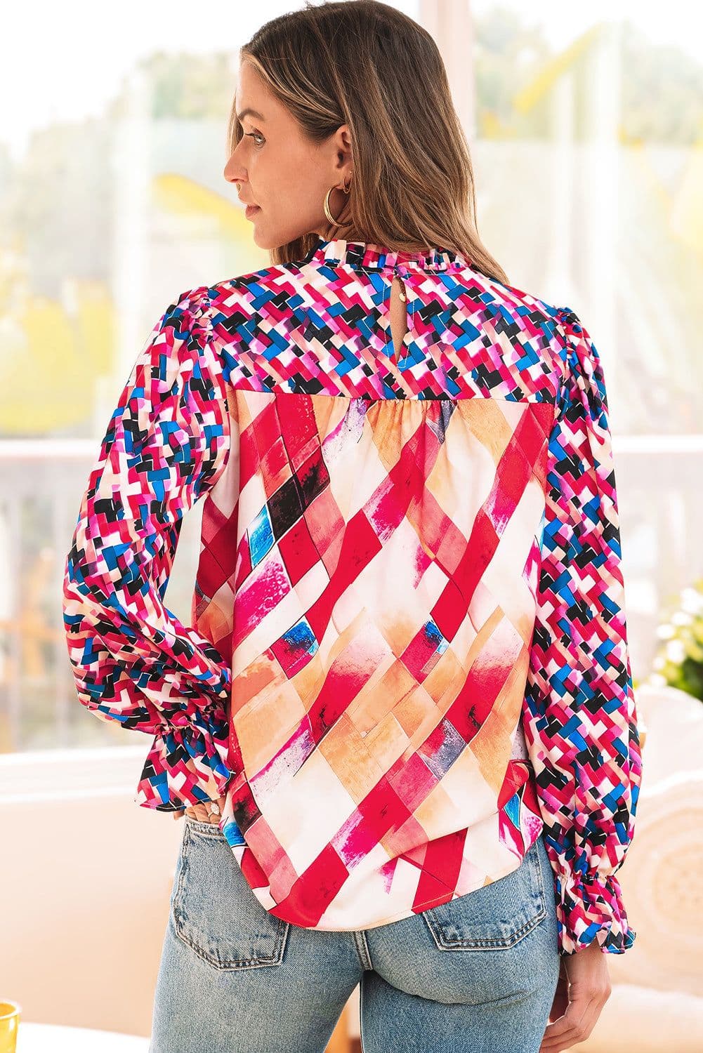 image-Rose Red Geometric Patchwork Puff Sleeve Blouse
