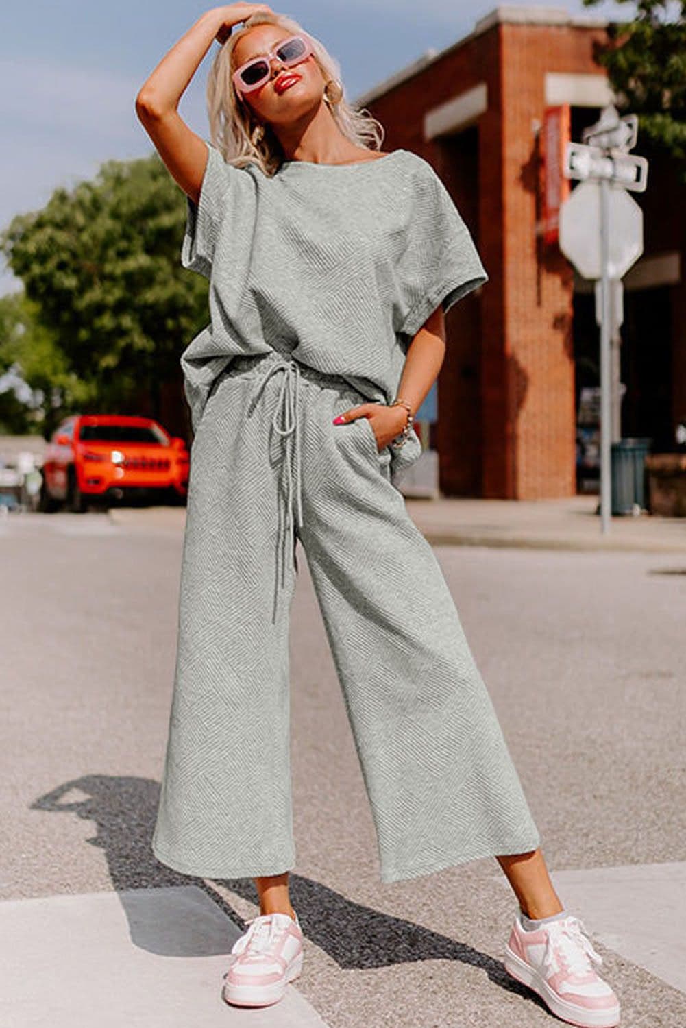 image-Strawberry Pink Textured Loose Fit T Shirt and Drawstring Pants Set
