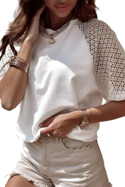 image-White Pointelle Lace Half Sleeve Crew Neck Tee