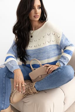 image-Light Blue Puff Sleeve Open Stitch Sweater - Fashionable Relaxed Fit
