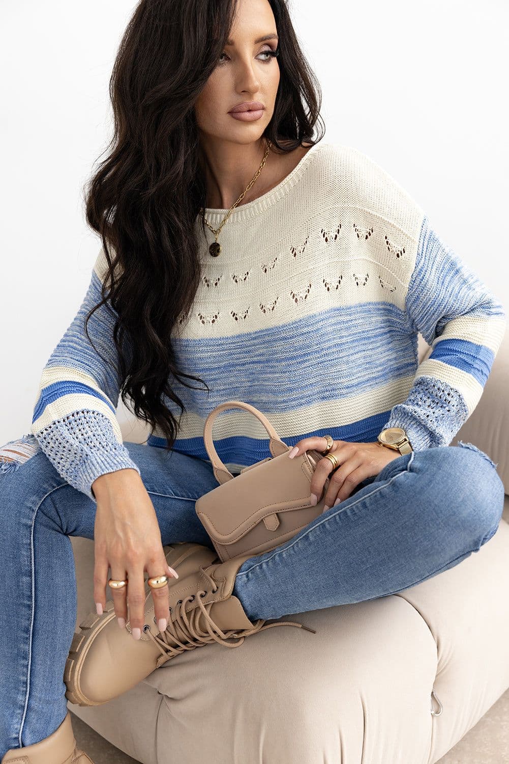 image-Light Blue Puff Sleeve Open Stitch Sweater - Fashionable Relaxed Fit