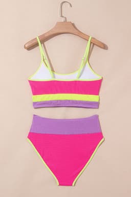 image-Rose Red Color Block High Waisted Bikini Set