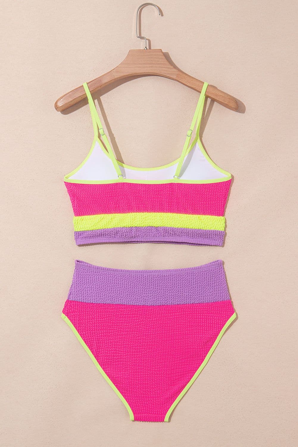 image-Rose Red Color Block High Waisted Bikini Set