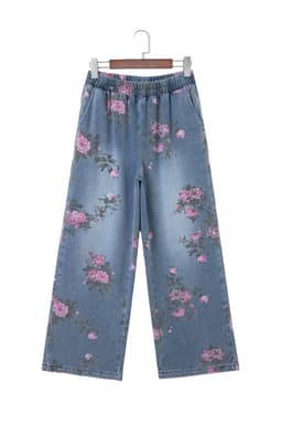 image-Blue Floral Print Elastic Waist Casual Jeans (50 characters)