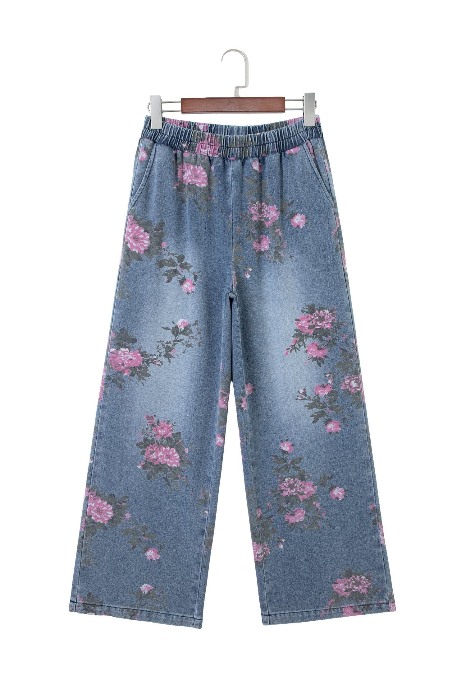 image-Blue Floral Print Elastic Waist Casual Jeans (50 characters)