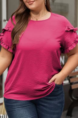 image-Bright Pink Ruffled Short Sleeve Plus Size Top