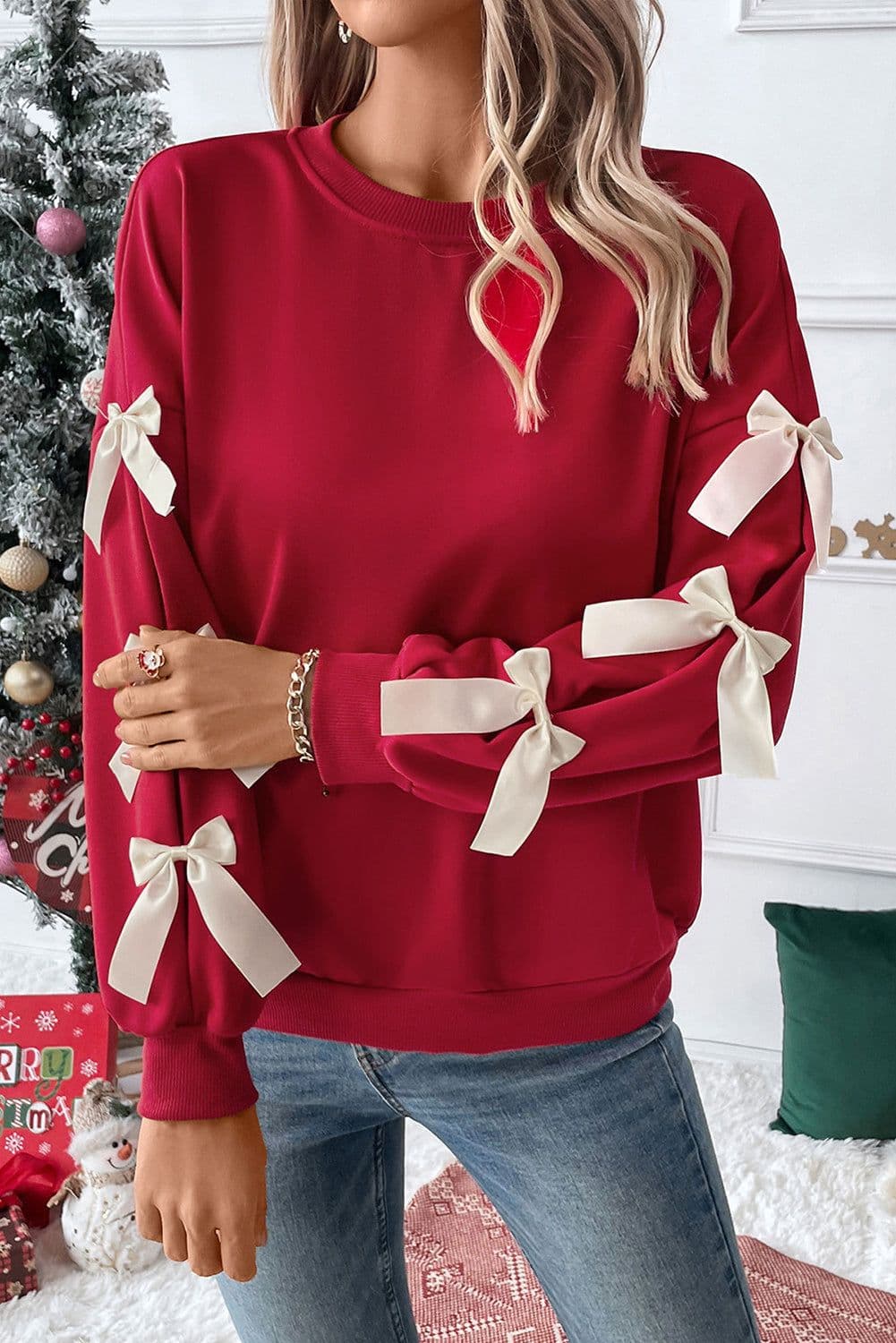 image-Fiery Red Contrast Bow Crewneck Sweatshirt - Dropped Sleeve, XL Size