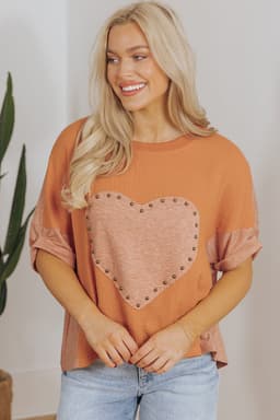 image-Desert Gold Stud Heart Patch Boho Top - Textured Front, XL Size