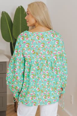 image-Green Abstract Lace-up Lantern Sleeve Babydoll Blouse