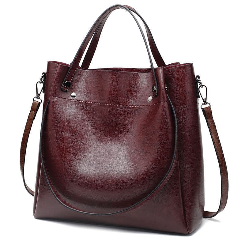 image-Oil Leather Bucket Bag - Brown PU Shoulder Bag