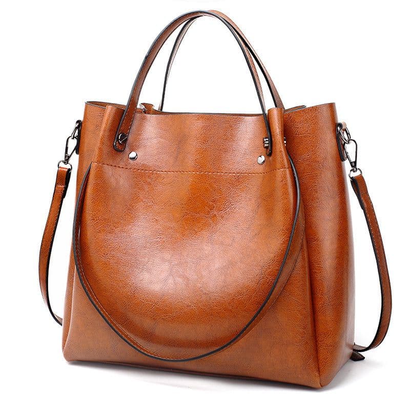 image-Oil Leather Bucket Bag - Brown PU Shoulder Bag