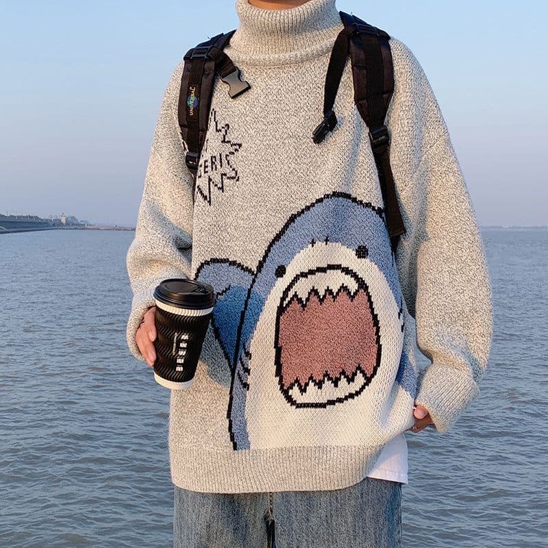 image-Winter Japanese cartoon shark turtleneck couple sweater women tide brand loose Korean knit sweater ins Hong Kong style jacket