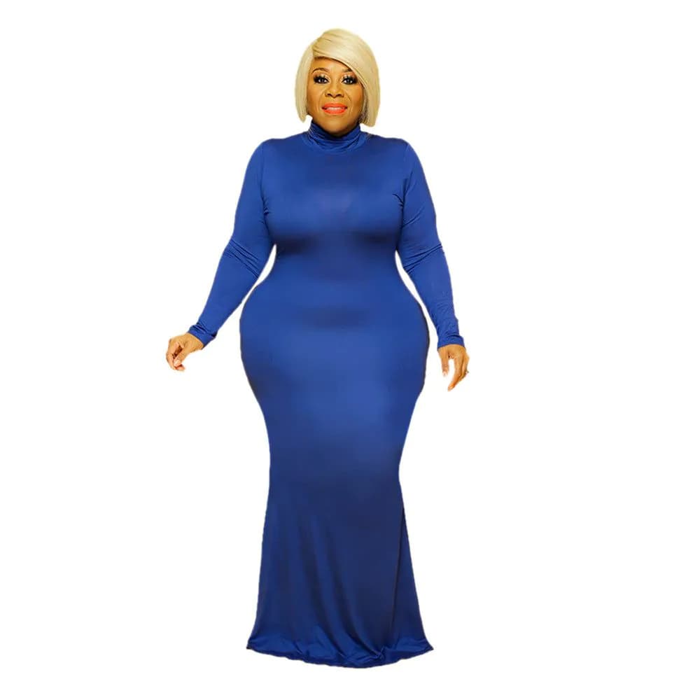 image-PP056 European and American cross-border sources of autumn and winter hot style solid color high-neck cotton ladies long-sleeved round neck mopping dress