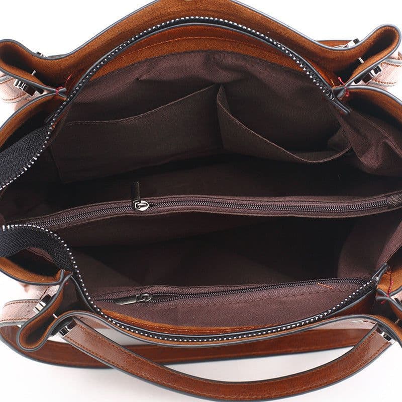 image-Oil Leather Bucket Bag - Brown PU Shoulder Bag