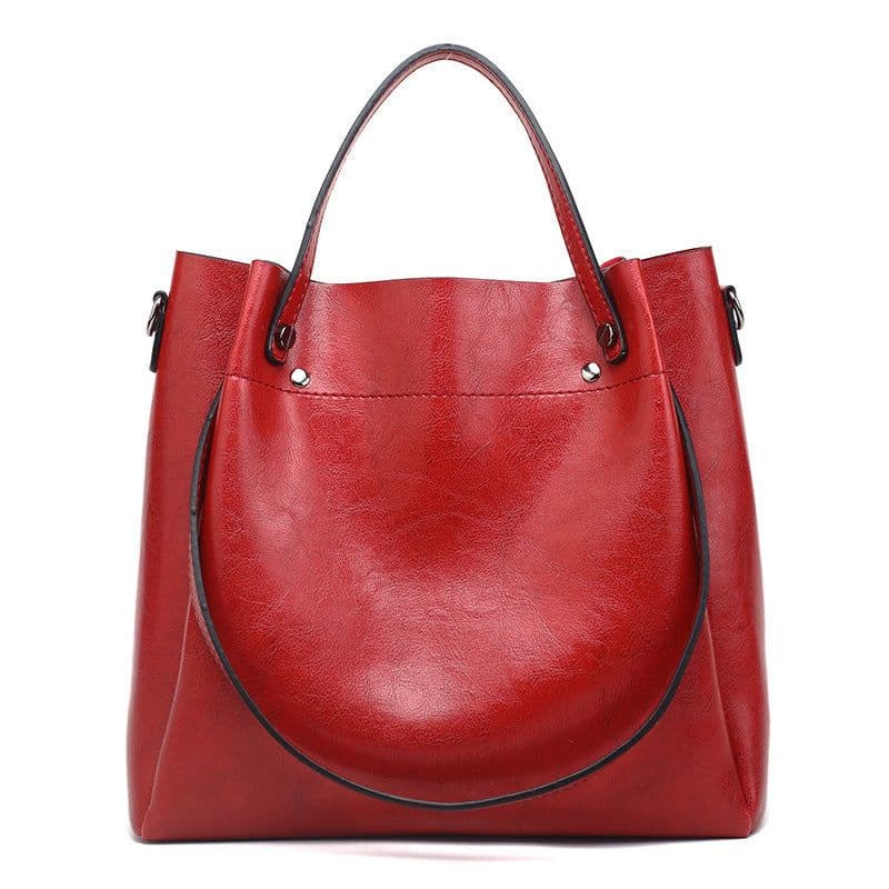 image-Oil Leather Bucket Bag - Brown PU Shoulder Bag