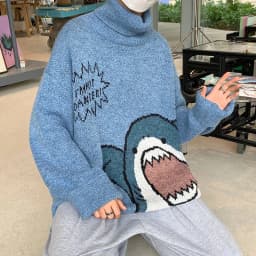 image-Winter Japanese cartoon shark turtleneck couple sweater women tide brand loose Korean knit sweater ins Hong Kong style jacket