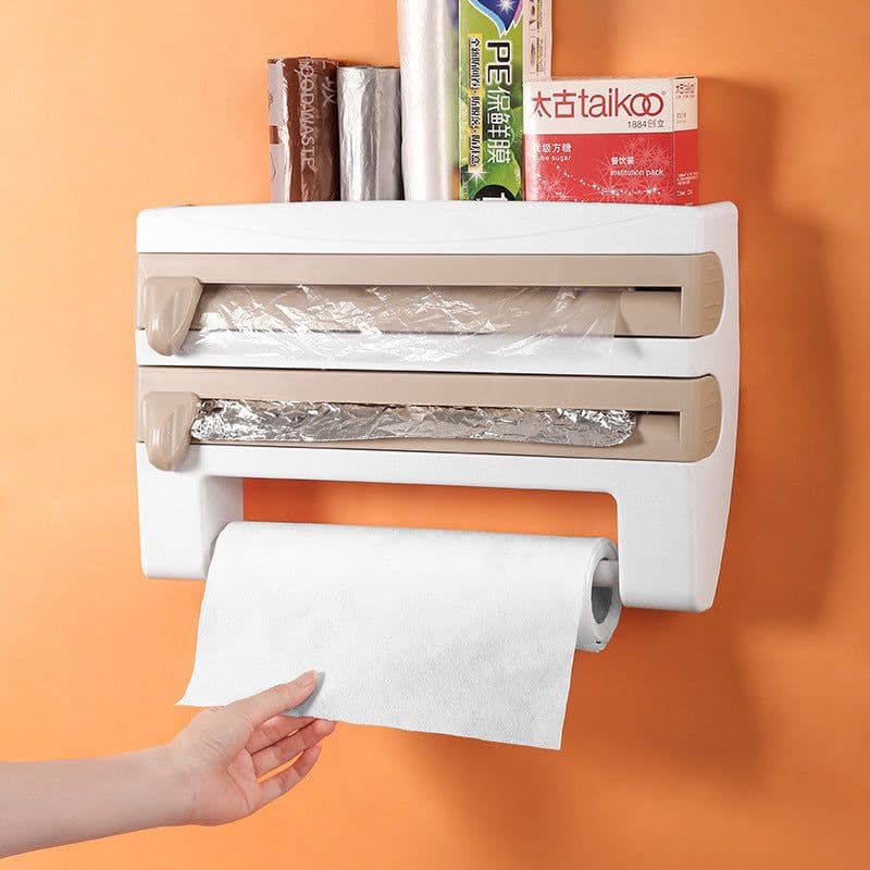 image-Kitchen cling film storage rack with cutter aluminum foil barbecue paper rack paper towel rack towel storage rack