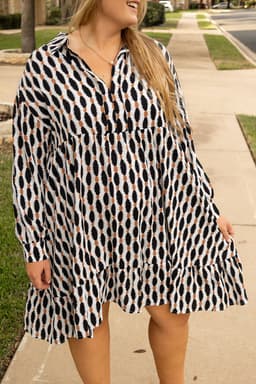 image-Plus Size Apricot Geometric Print V Neck Mini Dress - Trendy Geometric Design
