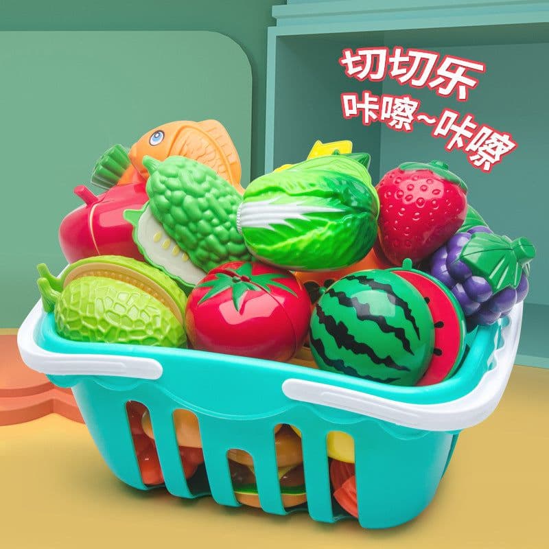 image-Children's Kitchen Play Set with Fruit Cutting Toys & Cart