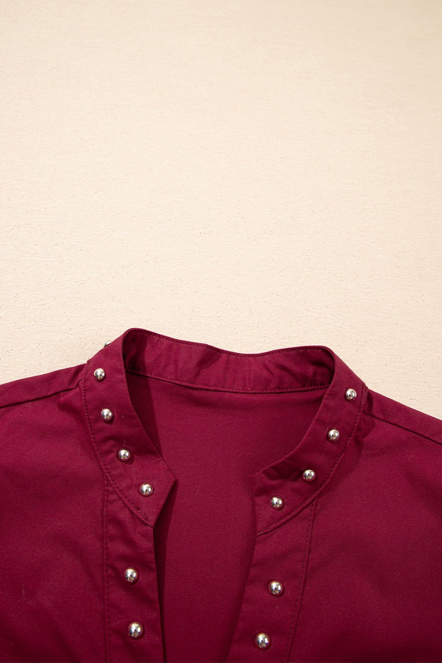image-Burgundy Rivet Embellished V Neck Puff Sleeve Blouse