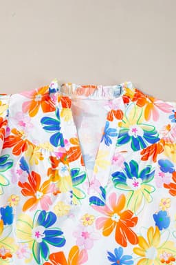image-White Floral Bouquet Flutter Sleeve Top