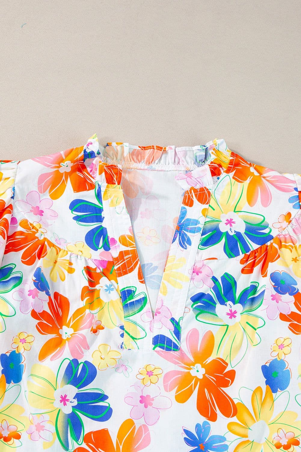 image-White Floral Bouquet Flutter Sleeve Top