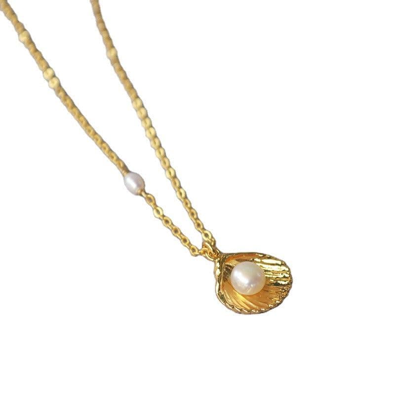 image-Golden Shell Pearl Pendant Necklace - Brass Gold-Plated Fashion (65 characters)