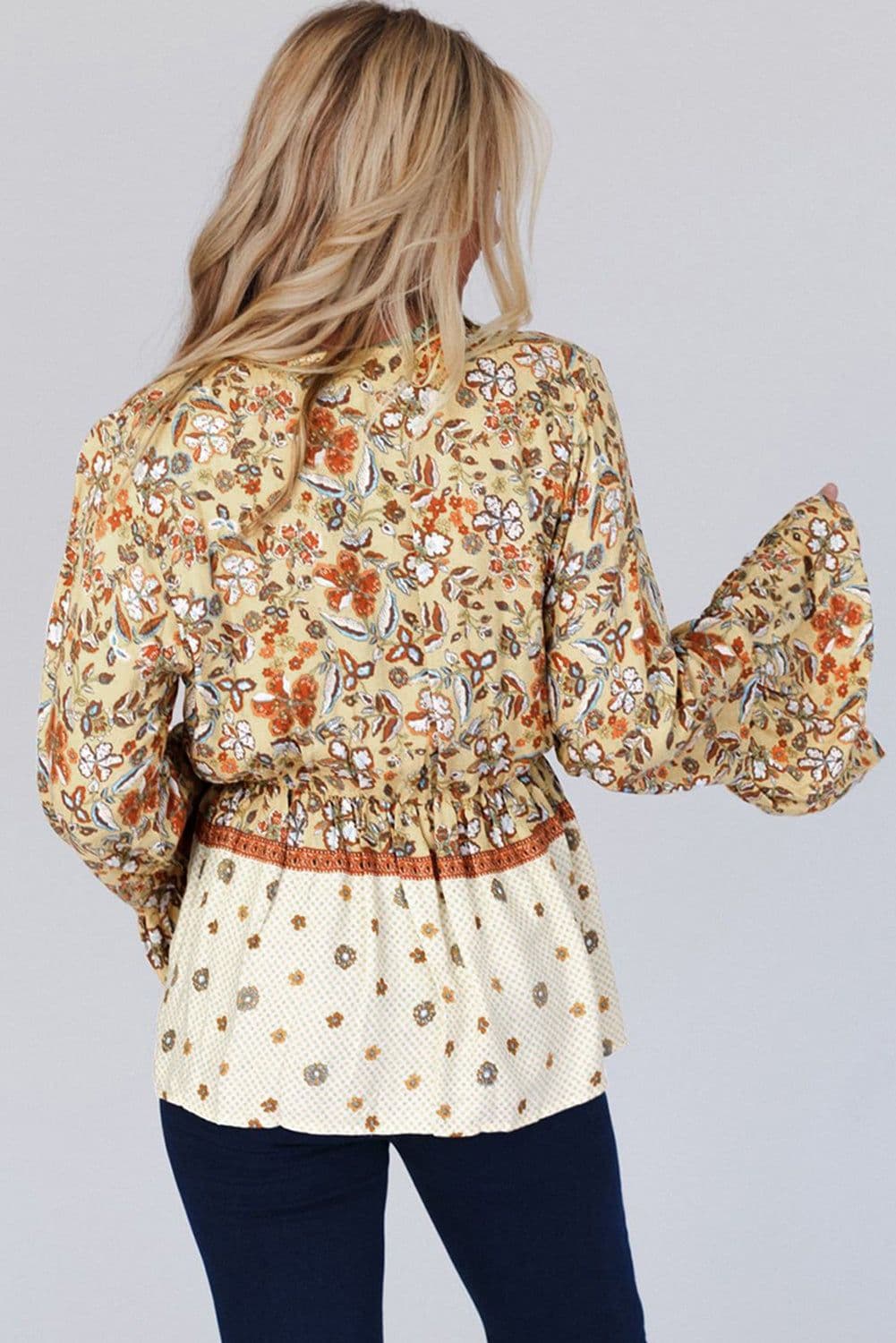 image-Yellow Floral Bell Sleeve Blouse With Peplum