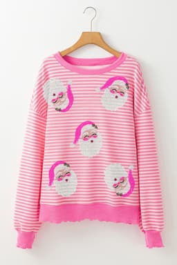 image-Santa Clause Print Drop Shoulder Long Sleeve Loose Top - Pink Stripe