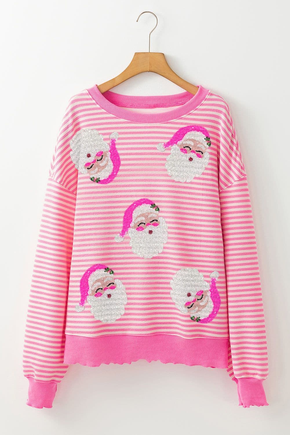 image-Santa Clause Print Drop Shoulder Long Sleeve Loose Top - Pink Stripe