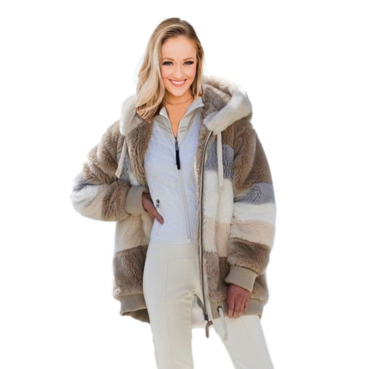 image-Women's Loose Plush Multicolor Hooded Jacket
