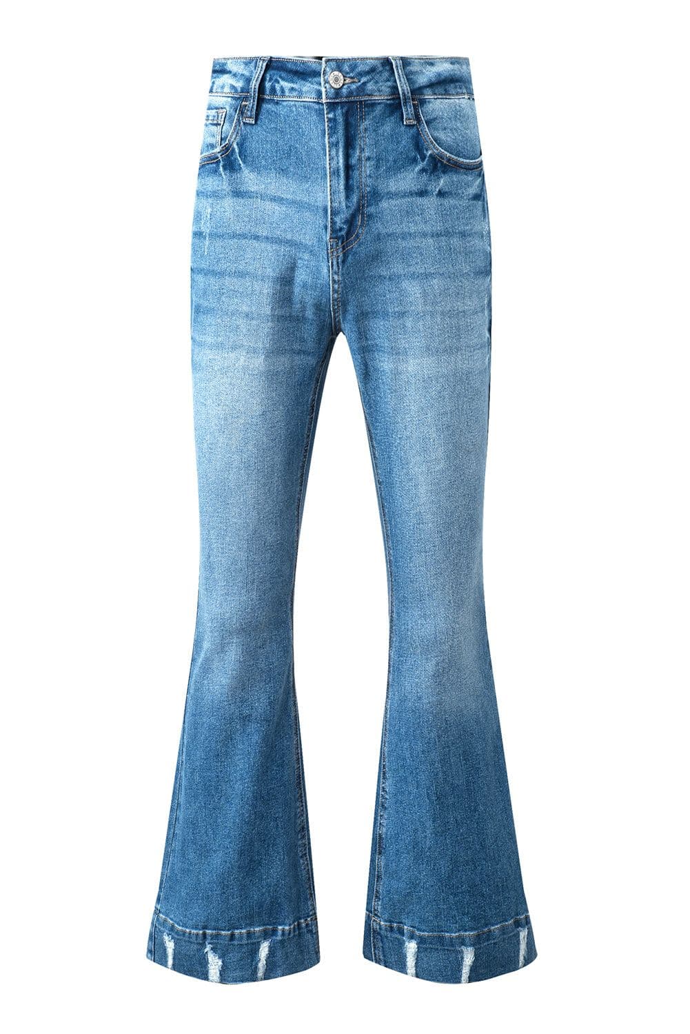 image-Sky Blue Distressed Medium Wash Flare Jeans (65 characters)